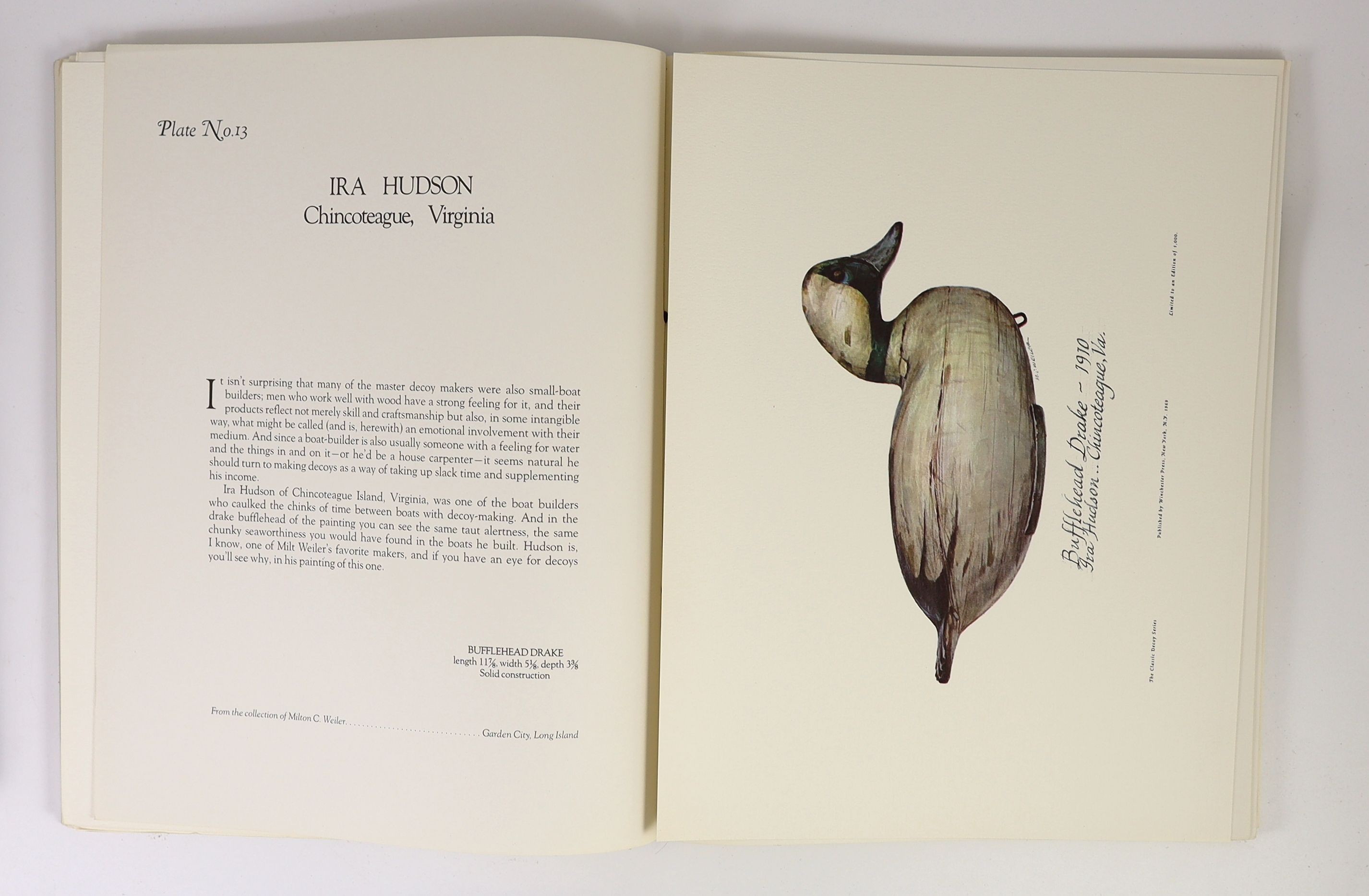 Weiler, Milton C. [Artist] Zern, Ed. [Text] The Classic Decoy Series. A Portfolio of Paintings by Milton C. Weiler. Small folio, Winchester Press, New York 1969. 24 loosely inserted coloured plates, soft cover ribbon bin